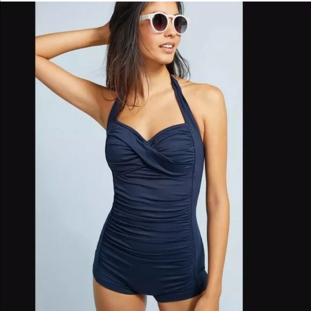 Seafolly Boyleg Halter Maillot Swimsuit Size 8 US Indigo Blue 19016